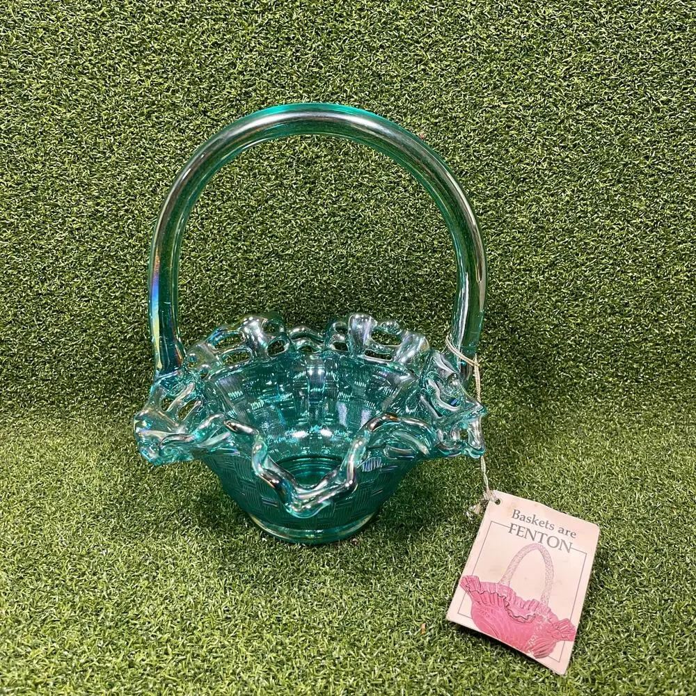 Vintage Fenton Teal Carnival Glass Open Edge Basketweave Basket w Original Tag